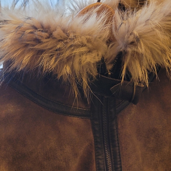 Tan and Brown Leather Hooded Bomber With Real Fur Lined Hood, L - Picture 6 of 10